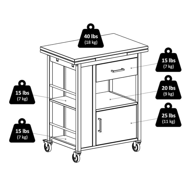 Gregory Extendable Top Kitchen Cart, Walnut - 27.56 x 18.35 x 33.46 inches