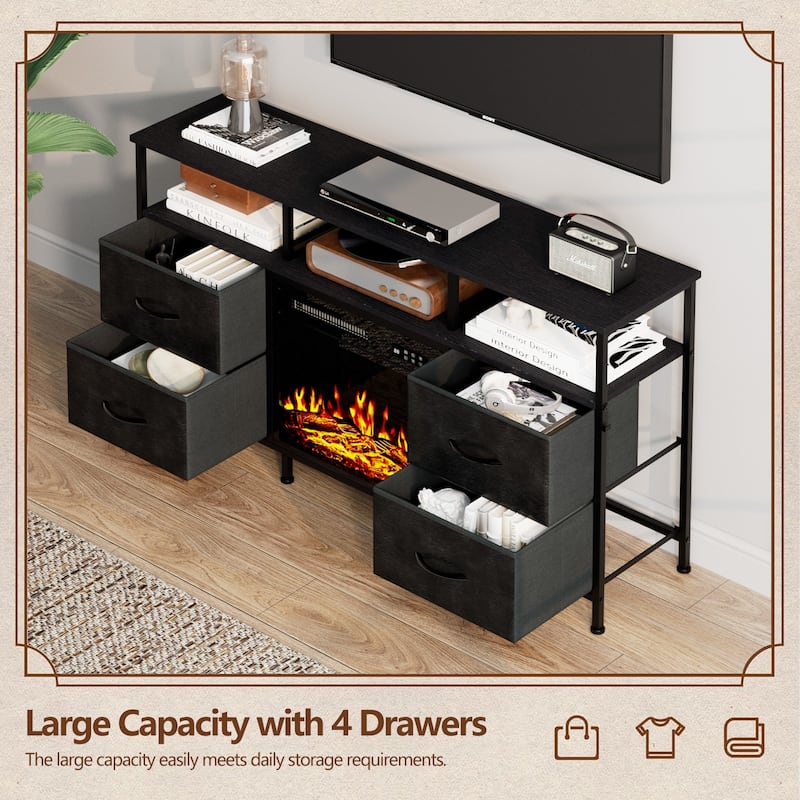 BOSSIN Fireplace TV Stand & Entertainment Center with LED Lights, 4 PU Leather Drawers, Open Shelves, and Built-in Power Outlets