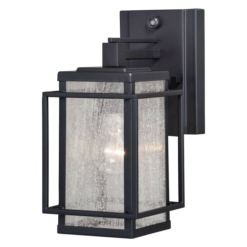 VAXCEL Hyde Park 1-Light Espresso Bronze Dusk to Dawn Sensor Mission Outdoor Wall Sconce, Steel, Clear Seeded Glass Shade