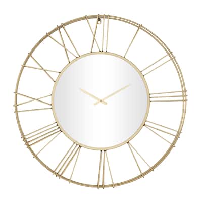 Metal Open Frame Decorative Wall Clock with Center Mirror - Gold or Black - Roche River Decor
