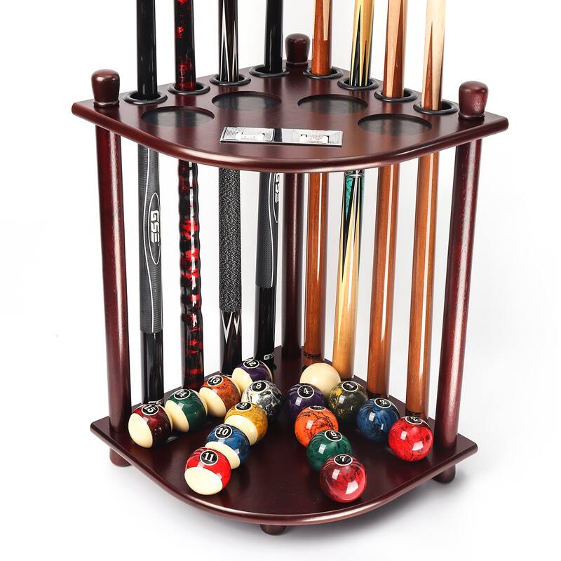GSE™ 8-Pool Cue Wooden Corner-Style Billiard Pool Cue Rack. Floor Stand Pool Cue Stick Holder - Brown