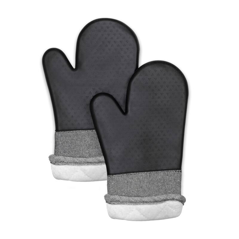 Black Heat Resistant Thick Soft Quilted Lining Kitchen Oven Glove Mitts With Silicone - 1 pair