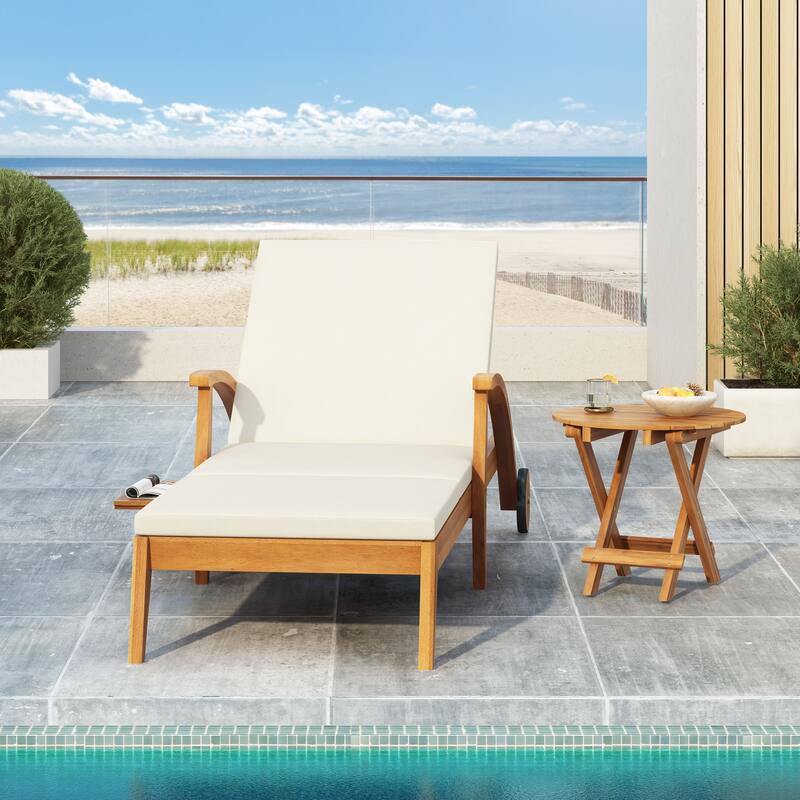 Wood Outdoor Chaise Lounge Chair with Wheels and Cushion, Adjustable Backrest for Patio Garden Poolside