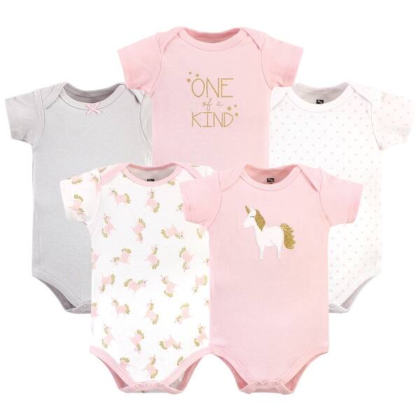 slide 1 of 1, Hudson Baby Infant Girl Cotton Bodysuits 5pk, Gold/Pink Unicorn 0-3 Months - Gold/Pink Unicorn