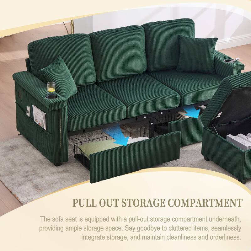 HOMEFUN Corduroy Upholstered L-shaped Pull-Out Storage Sectional Sofa with Storage Ottoman,USB Charging,Cup Holder
