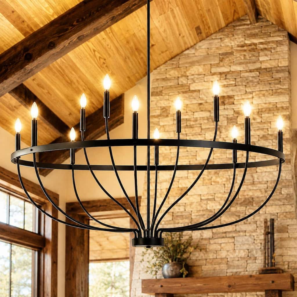 LALUZ Modern Farmhouse 12-Light Black Wheel Chandelier Classic Candle Light for Dining Living Room