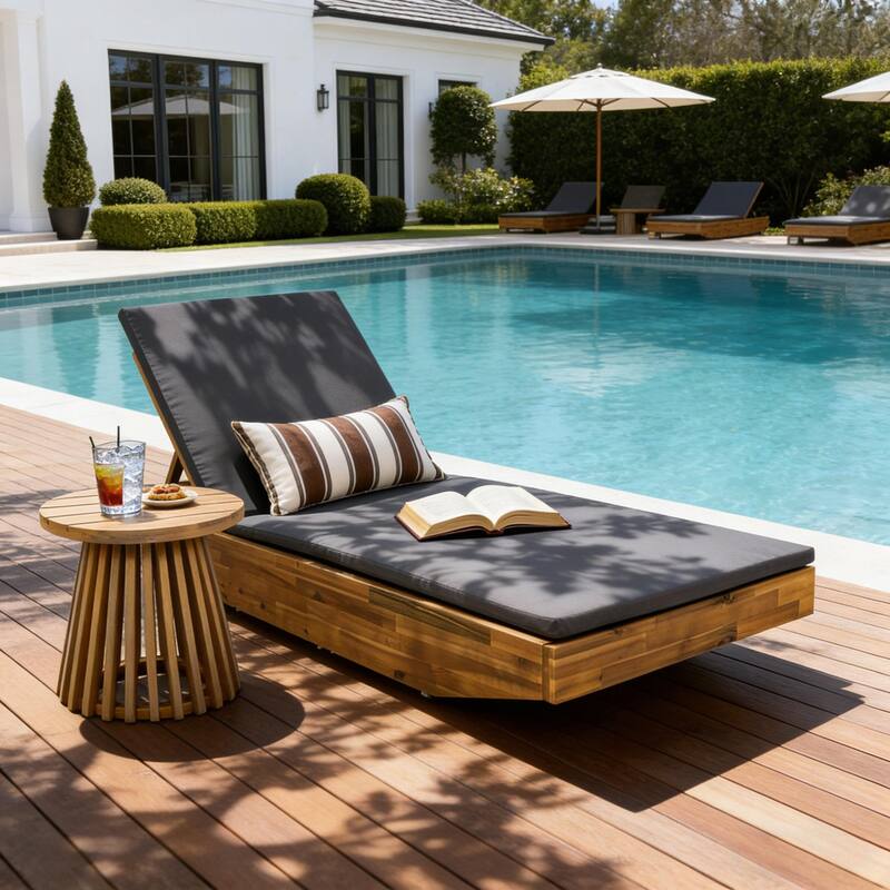 Christopher Knight Home - Outdoor Acacia Wood Chaise Lounge with Ergonomic 2-Fold Thin Water-Repellent Cushion - 79.6"L