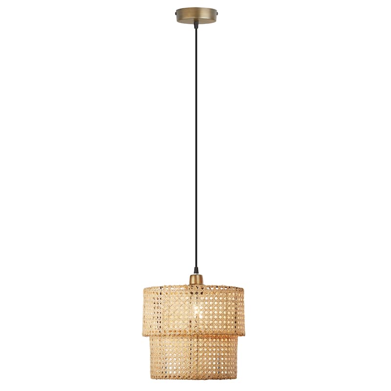 Kimika River of Goods Tan and Gold Rattan and Metal 12-Inch Pendant Light with Adjustable Hanging Cord - 12" x 12" x 15/80" - 12" x 12" x 15/80" - Tan/Gold