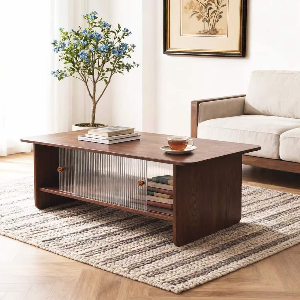 47" Brown Rectangular Minimalist Coffee Table with Glass Sliding Door Storage Cabinet