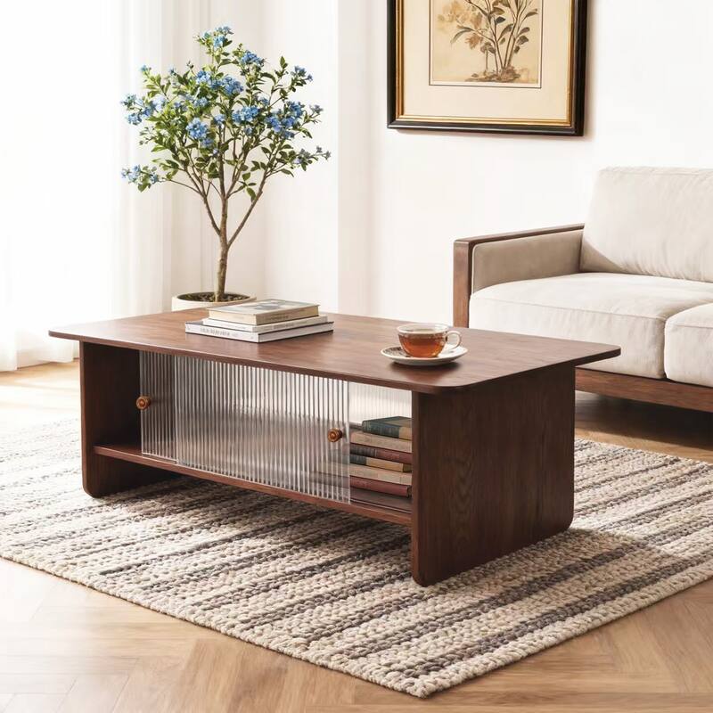 47" Modern Coffee Table with Sliding Glass Doors & Ample Storag - Walnut