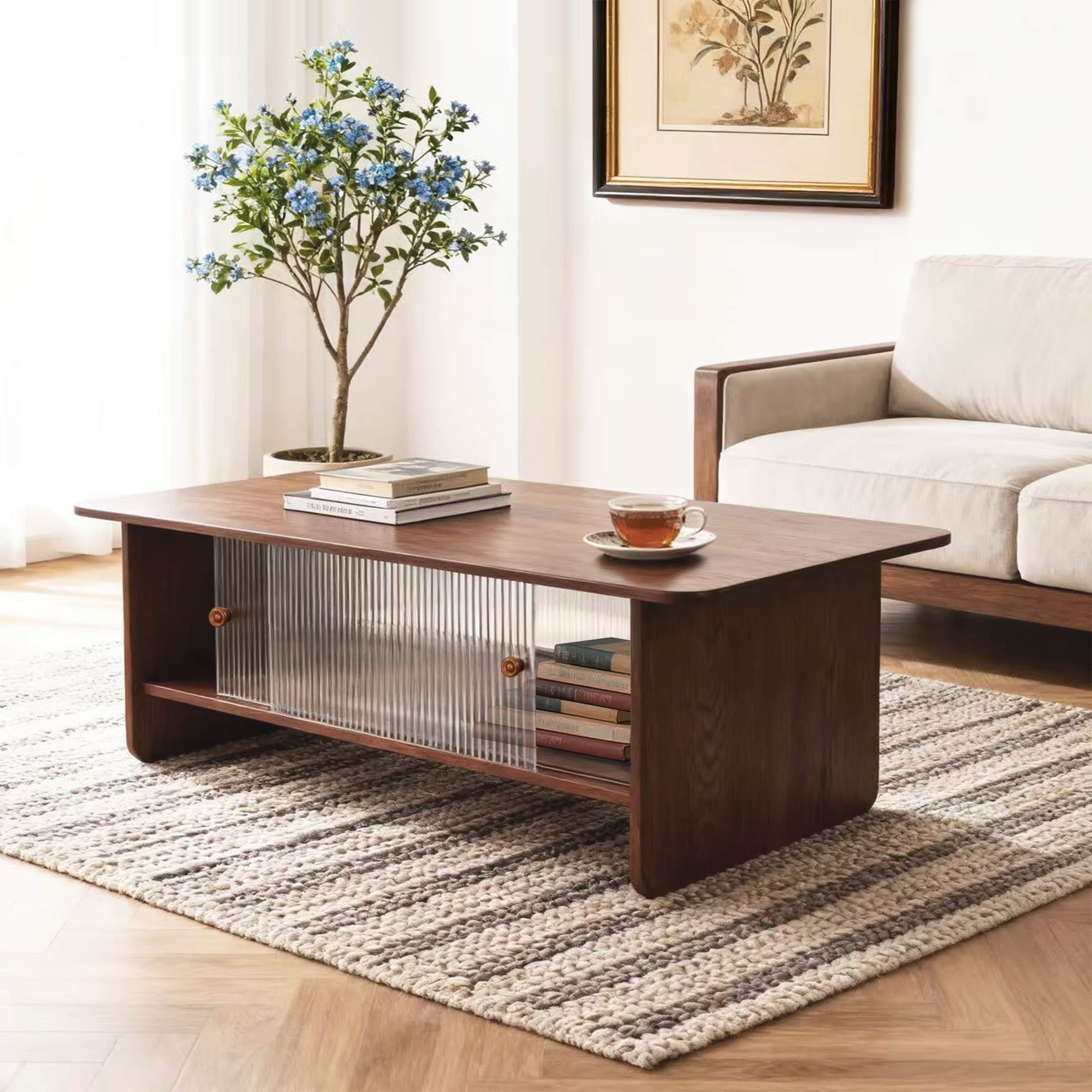 47" Stylish Coffee Table 2-Tier Center Tables with Storage, Large Living Room Table Rectangular Wood Tea Tables with Glass Door