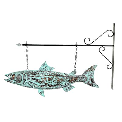 Metal Verdigris Copper Salmon Wall Bracket Hanging Sculpture
