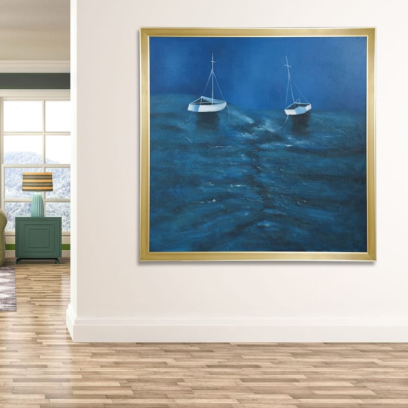 Blue Water Sailboat - Coastal Hand Painted Frame Canvas Wall Art - Gold Frame