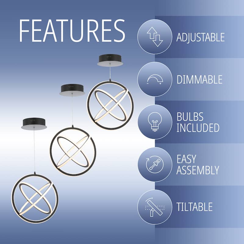 Orbit 16.5" Adjustable Integrated LED Metal Pendant, Black by JONATHAN Y