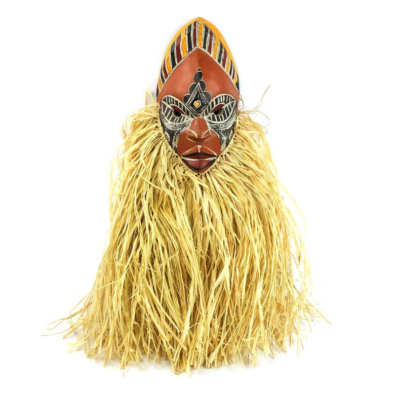 African Wood Mask, Dance For Peace (Ghana) - Brown - 11.5" H x 6" W x 3.5" D