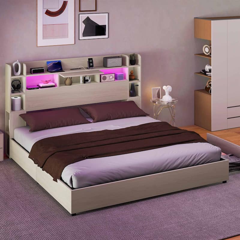 Queen/King Size LED Bed Frame with Bookcase Headboard, 4 Storage Drawers and Charging Station