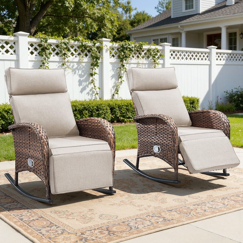 Meyreso Wicker Rocking Reclining Chaise Lounge with Adjustable Backrest & Footrest (2-Pack)