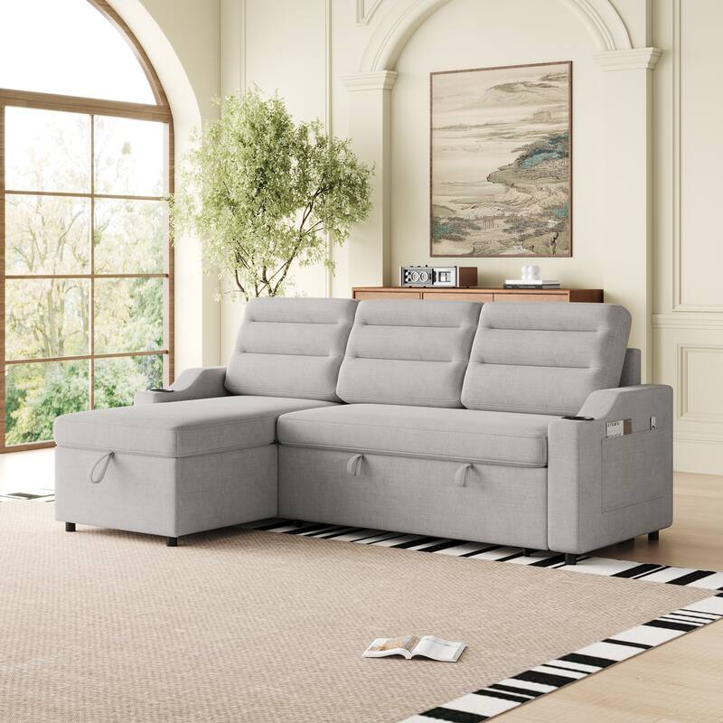 83.5-Inch Convertible Sofa Bed - Stylish Polyester Recliner with Storage for Small Spaces - Light Grey
