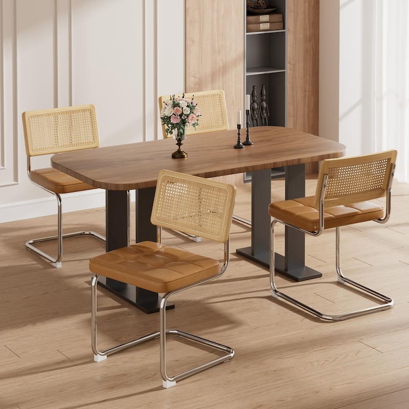 Natural Rattan Dining Chairs Set of 4, Modern Dining Room Chairs with Solid Wood Back, Mid Century Breuer Design Inspired,