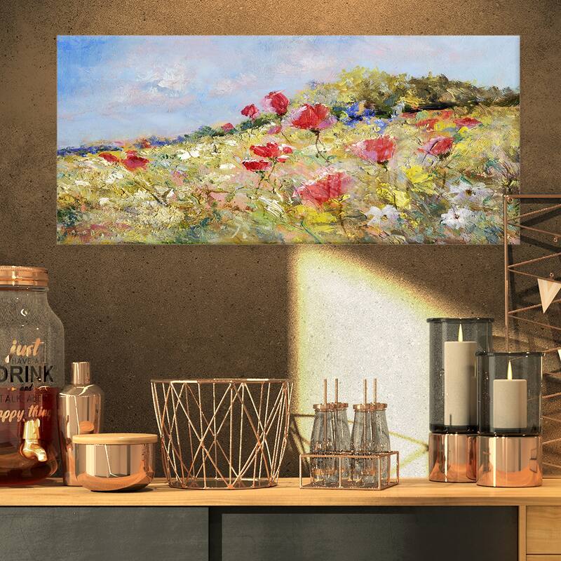 Designart 'Painted Poppies on Summer Meadow' Landscape Wall Metal Wall Art