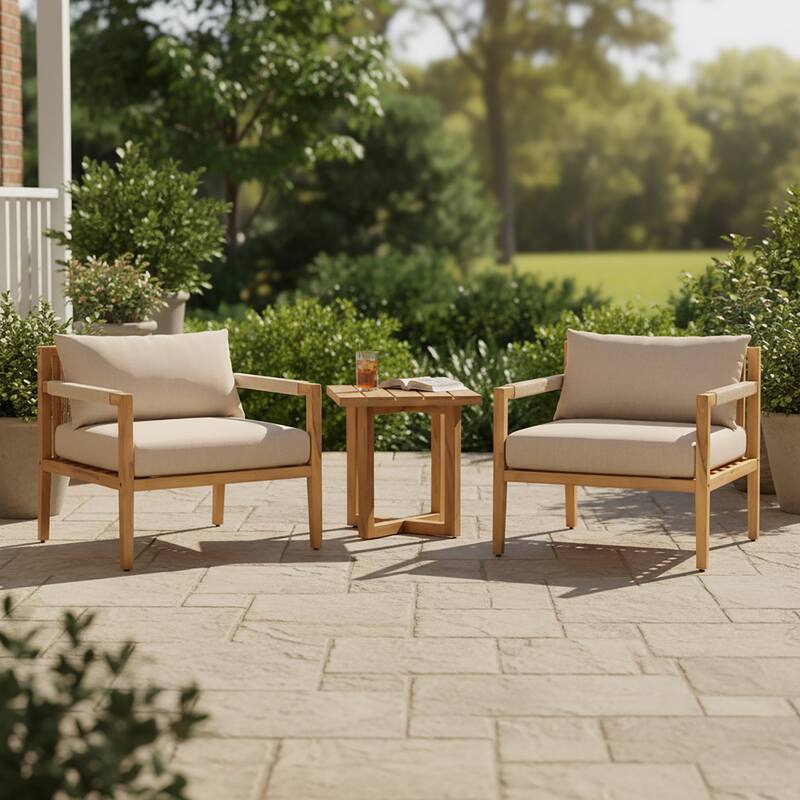 Christopher Knight Home - Modern Outdoor Acacia Wood Rope Club Chair and Square Side Table Set with Water-Resistant Cushions - 3-Piece Set - Teak Finish+Beige Cushion