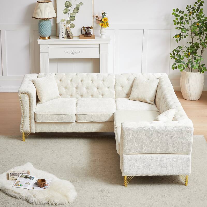 Beige 81.5'' L-Shaped 5-Seater Chenille Sectional Sofa with 3 Cushions, Stylish Corner Couch for Living Room, Bedroom