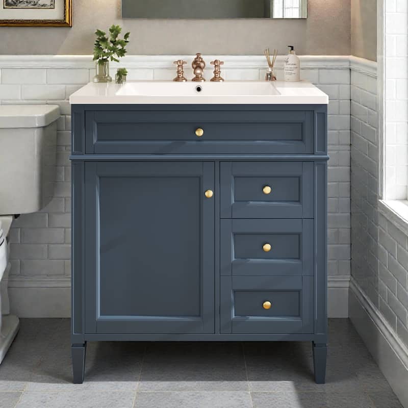 30" Bathroom Vanity with Sink, Modern Single-Sink Cabinet with 2 Drawers, Tip-Out Drawer & Storage Shelves - Blue