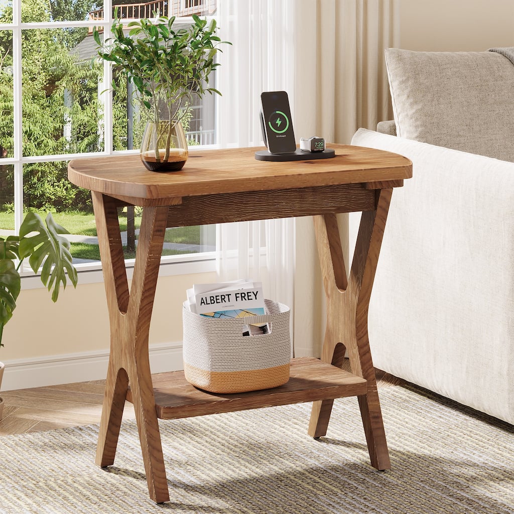 2-Tier Solid Wood Side Table with Storage