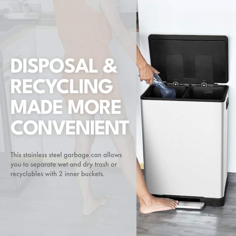 Stainless Steel Step Trash Can - 16 Gallon Garbage Bin with Soft Close Lid - Dual Compartment Recycling Wastebasket