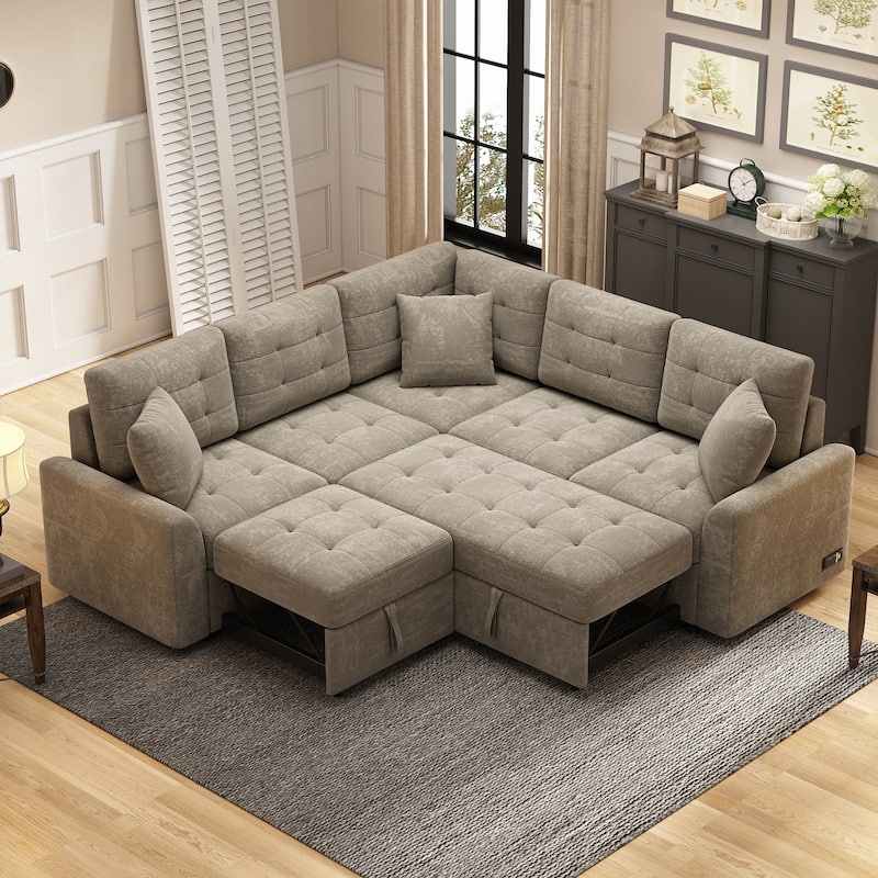 82.6" L-shape Sofa Bed with Wheels, USB, Power, Khaki Velvet