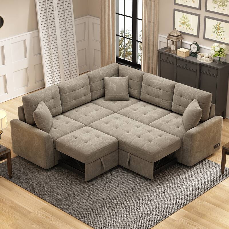 Khaki L-Shape Sofa Bed with Pull-Out Sleeper, USB Ports, Power Sockets - Symmetrical - Khaki