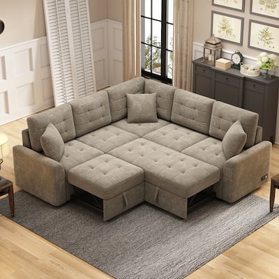 L-Shape Sofa Bed with Pull-Out Sleeper, USB Ports