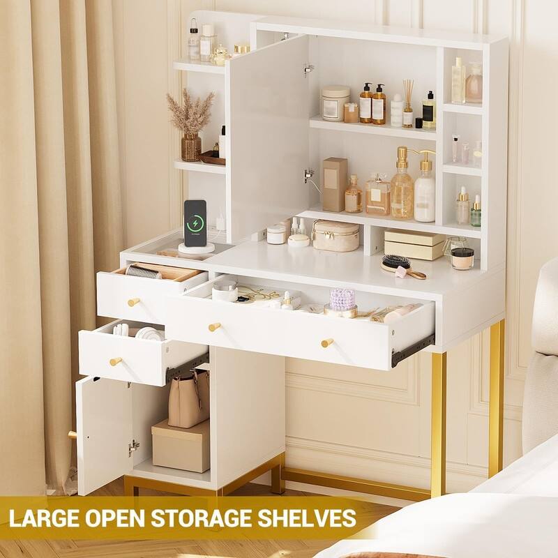 Makeup Vanity Desk with LED Lighting, Large Mirror, 3 Drawers, Cabinet & Open Shelves