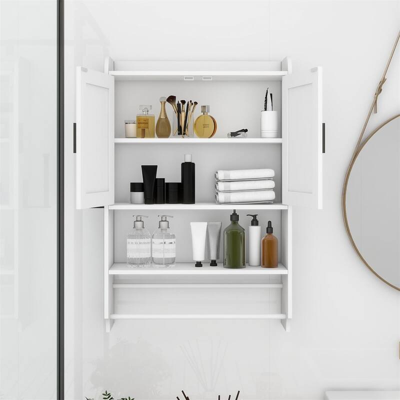 Bathroom Wall Cabinet with Doors, Shelf, Towel Bar and Paper Holder