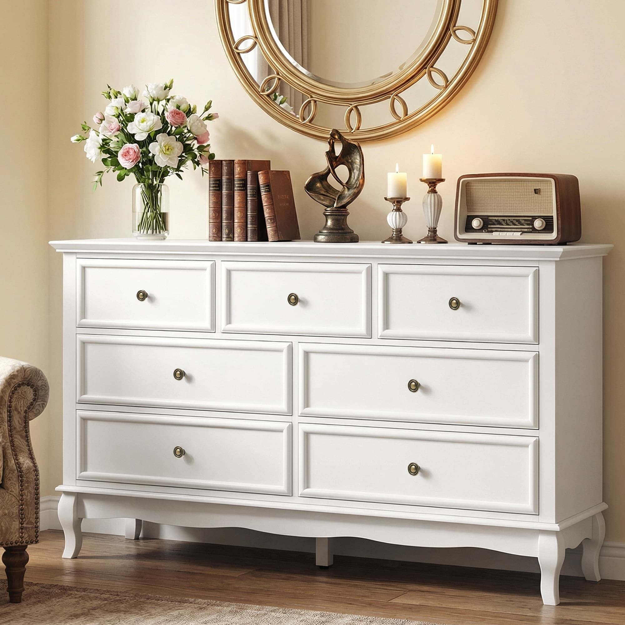 7-Drawer Dresser – Solid Wood Legs, Modern with Vintage Accents