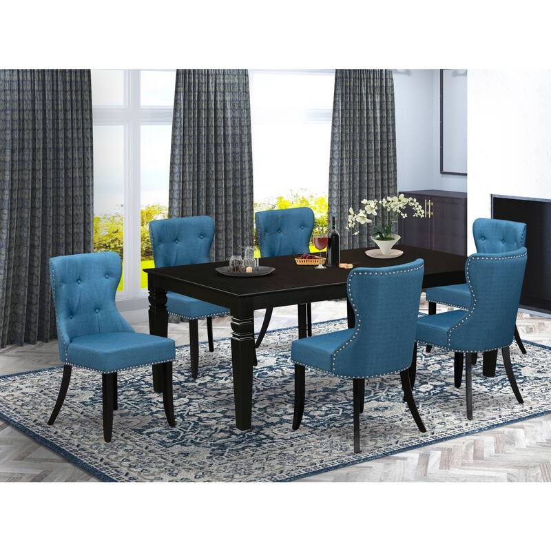 Modern Dining Table Set - 6 Linen Fabric Chairs, Mineral Blue & Black Kitchen Table - 84