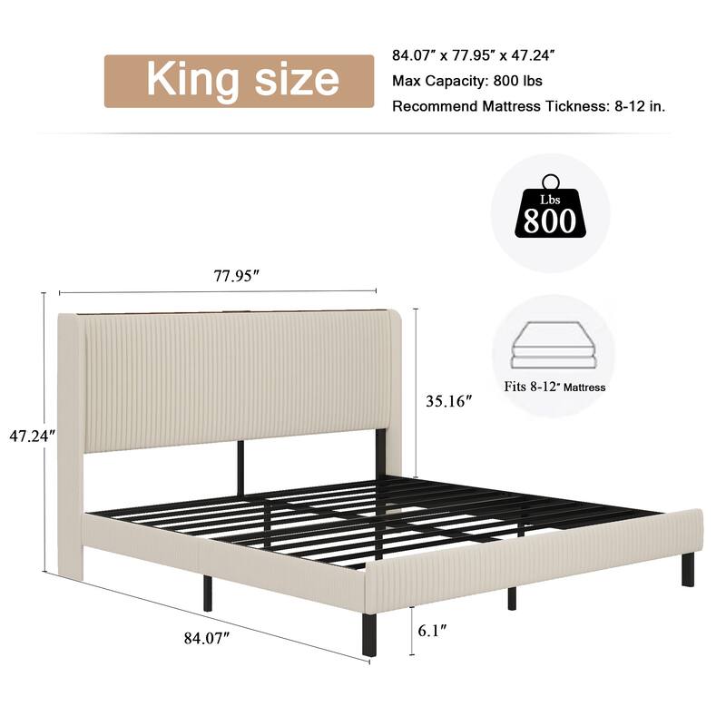 King Size Platform Bed, Metal Bed Frame with Charging Station, No Box Spring Needed, Noise Free,Easy Assemble