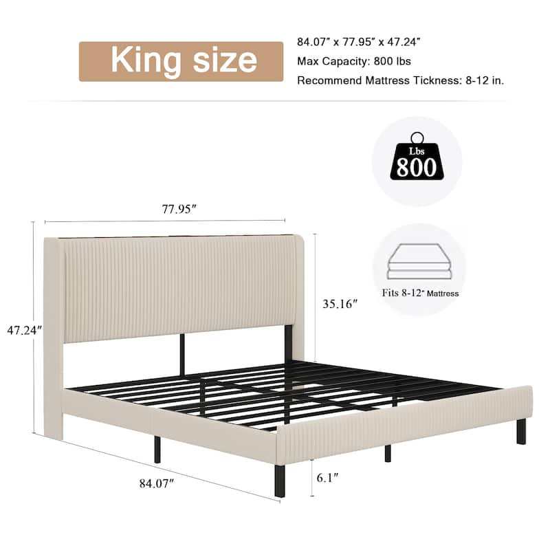 Upholstered Frame Bed Stripe Headboard Wingback Bed with Charging and Light Strip, No Box Spring Needed, Metal Slats Support