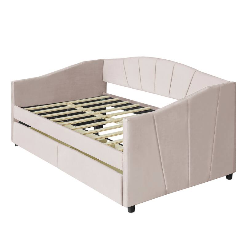 Twin Size Velvet Daybed Frame with 2 Drawers - Beige