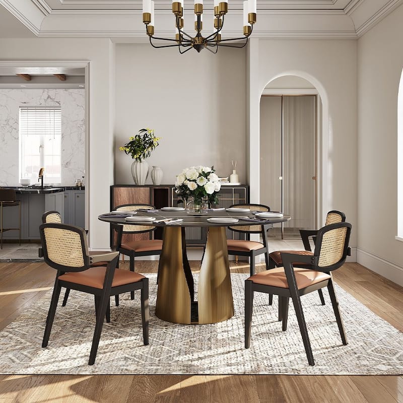 Modern Round White Dining Table，Sintered Stone Tabletop, Solid Black Carbon Steel Base