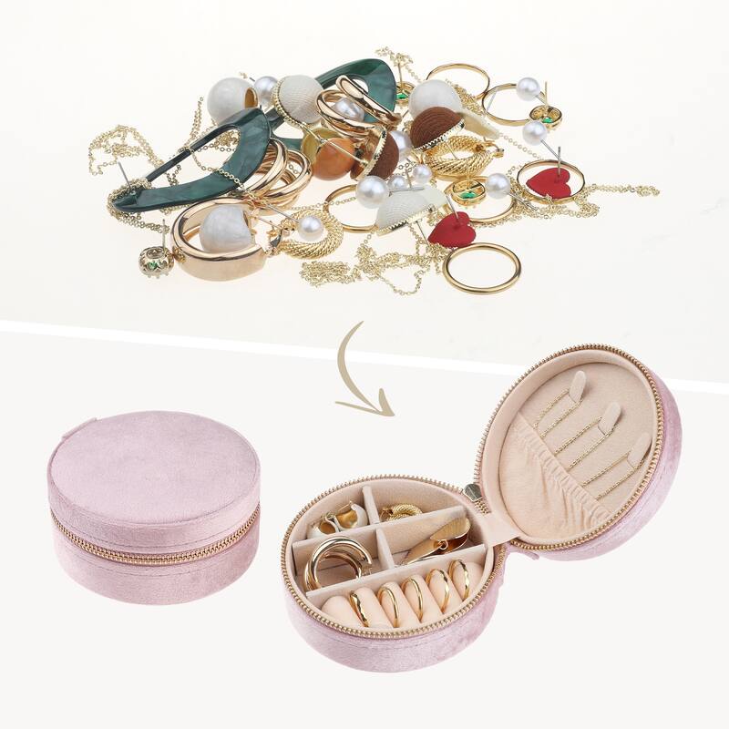 Travel Jewelry Box for Women, Teen Girl Gifts, Small Portable Plush Velvet Jewelry Organizer Case Storage Display Holder - Pink