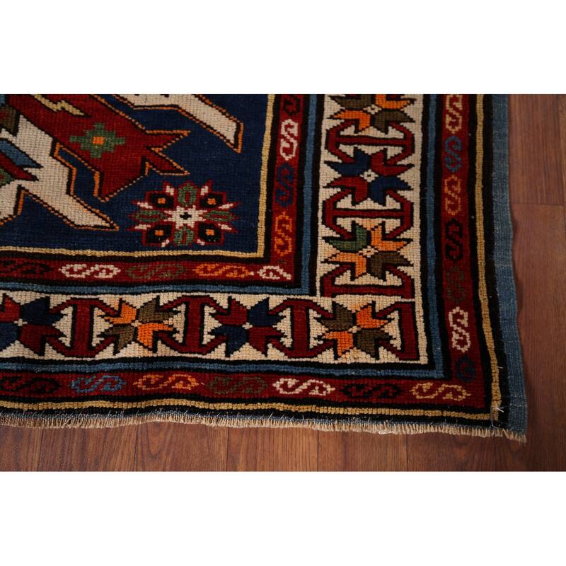 Navy Blue Geometric Kazak Vegetable Dye Wool Carpet - 3'5" x 5'2"