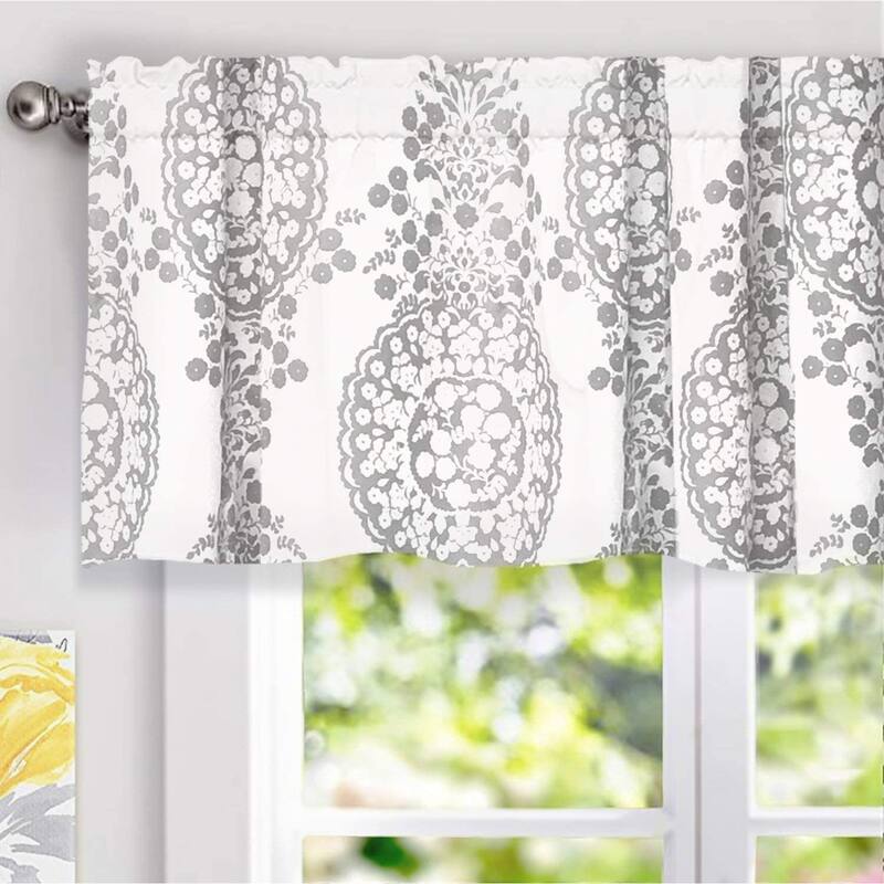 DriftAway Samantha Floral Damask Medallion Pattern Valance Rod Pocket - 52 x 14 - Grey