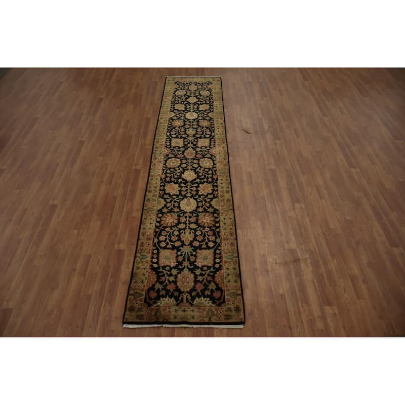 Hand Knotted Oriental 100% Wool Carpet Traditional Floral Black Agra Runner Rug - 12' 2'' X 2' 8''