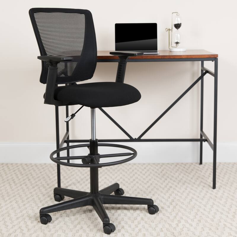 Mid-Back Mesh Drafting Chair w/ Fabric Seat, Adjustable Foot Ring and Arms