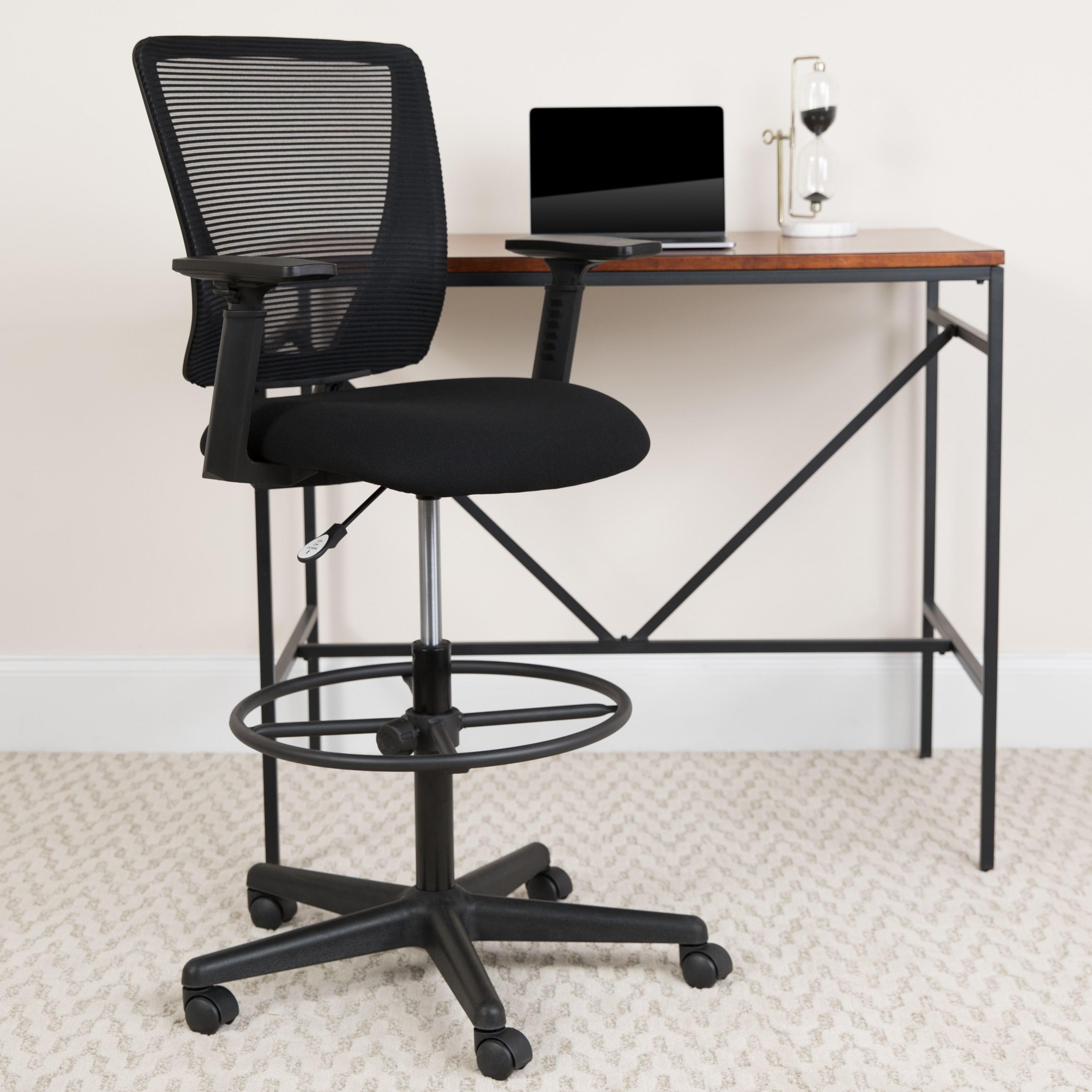 Mid-Back Mesh Drafting Chair w/ Fabric Seat, Adjustable Foot Ring and Arms