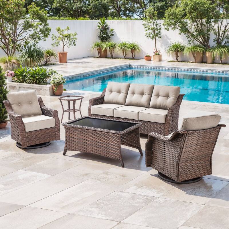 Artisan Patio Brown Wicker Sofa Conversation Set with 6-Inch Thick Cushions