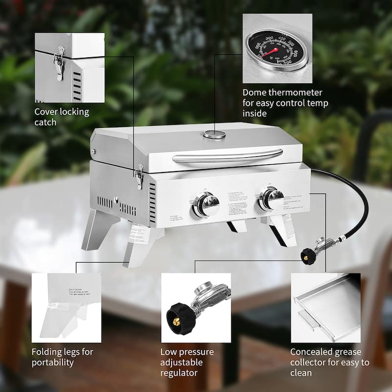 Portable Gas Grill with 2 Burner Folding Legs Built in Thermometer