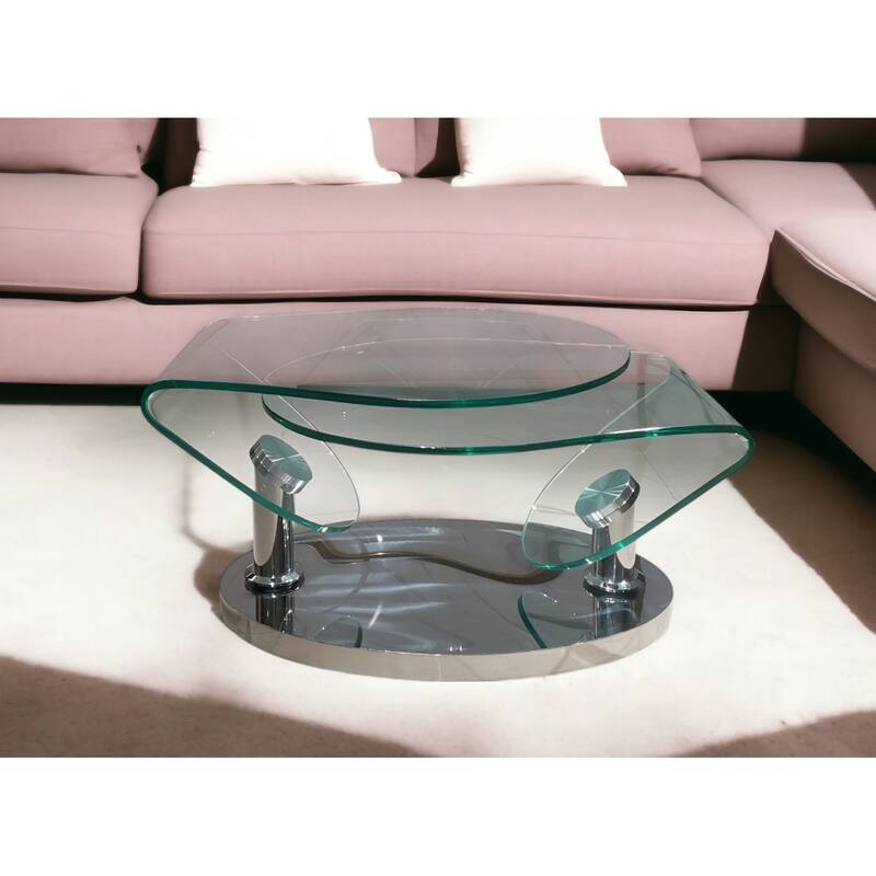 HomeRoots 30" Clear And Silver Glass And Metal Oval Abstract Coffee Table - 29.5' X '16.5' X '22 - Clear