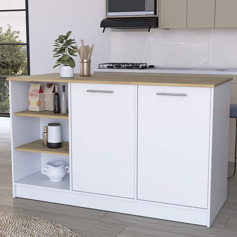 White/Dark Brown Kitchen Island with 3 Open Shelves, 2 Cabinets, Spacious Countertop - White